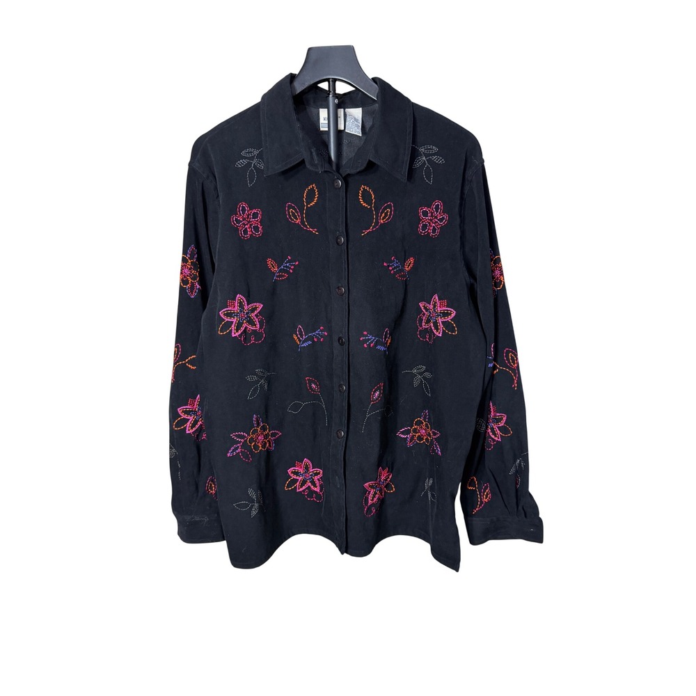 Koret Womens XL Black Floral Embroidered Button Up Long Sleeve Shirt